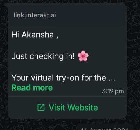 Real StyleUAI WhatsApp automation, reminder message with the shopper's try-on image